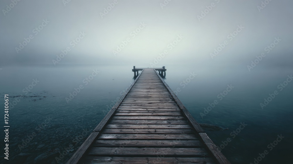 Obraz premium Misty wooden pier extends into tranquil lake