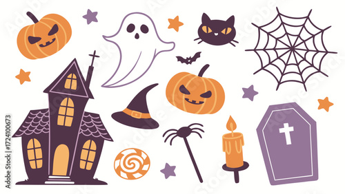 Halloween party design, and spooky decorations Fun cartoon vector collection