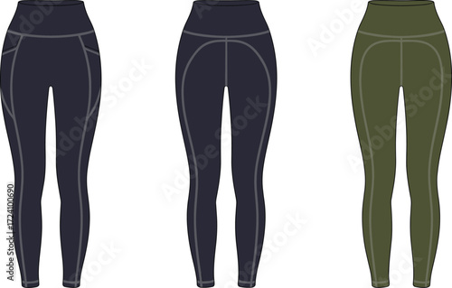 Women’s leggings CAD flat sketch front and back view, high waist yoga pants with contour seam lines, activewear fashion template, vector technical drawing
