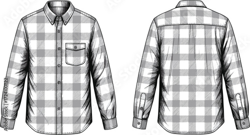 Men’s flannel shirt CAD flat sketch front and back view, long sleeve button down black white plaid shirt fashion template, vector clothing design