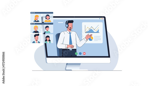 A man with a headset presents a graph on a computer screen during a video conference with five other participants.