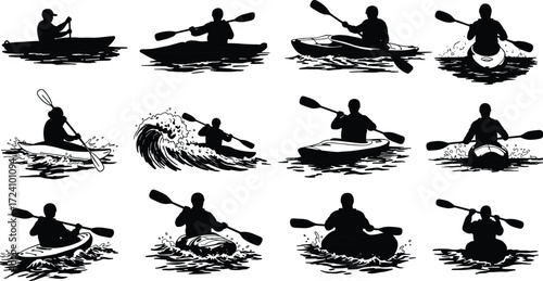 Kayaking and canoeing silhouette, water sport action, paddling technique, dynamic motion, outdoor adventure, splash effect, river activity, boat control