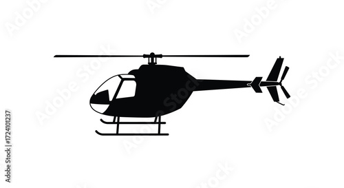 Detailed black helicopter design with rotor blades and landing skids silhouette