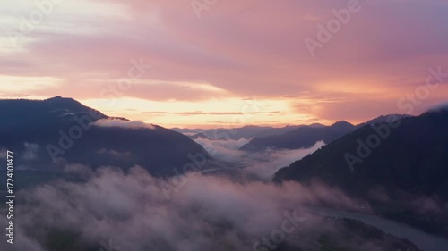 Aerial view of sunset in the mountains