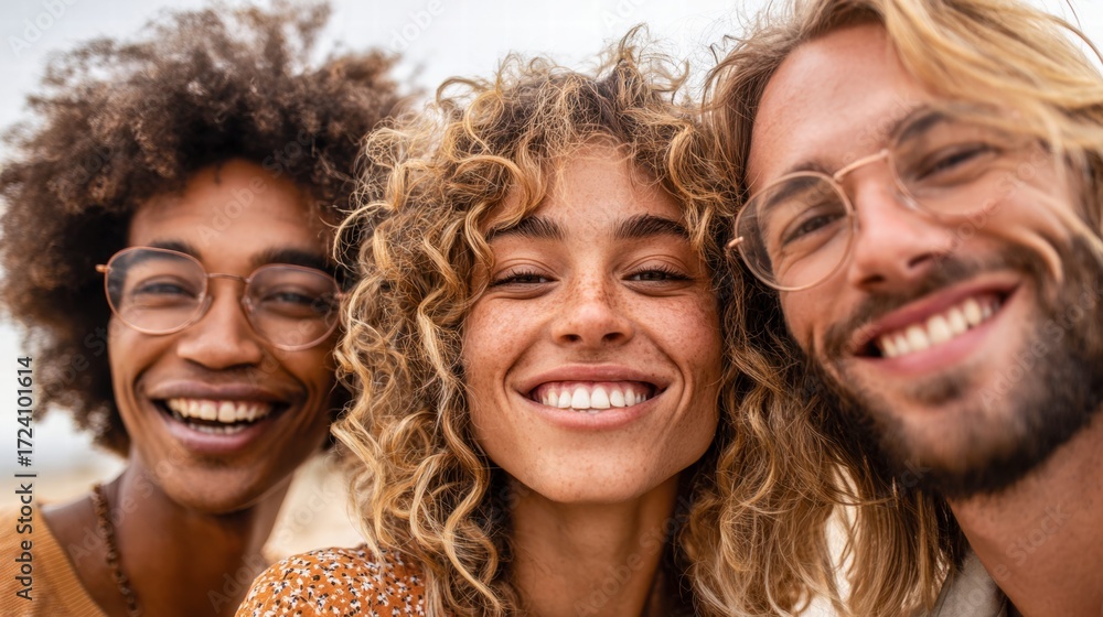 Fototapeta premium Happy friends smiling together in a close-up shot