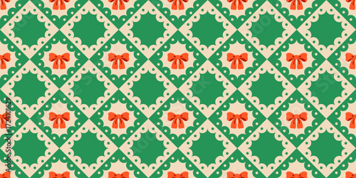 Seamless retro Christmas pattern with red bows framed in green checkers. New Year Xmas design with vintage ribbons, perfect for gift wrap, textiles, scrapbooking, and seasonal backgrounds.
