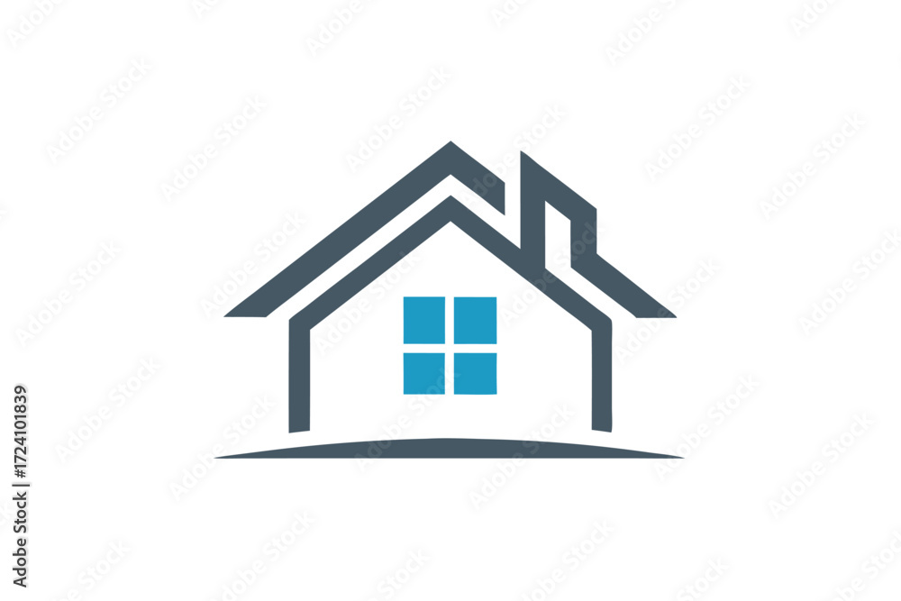 Obraz premium Minimalist home with blue window and grey roof in form stands alone