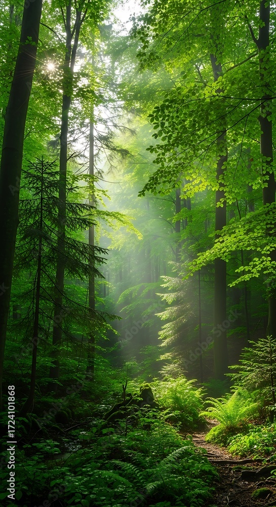Obraz premium Sunlight Filters Through Lush Forest Path.