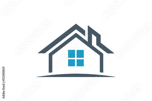 Minimalist home with blue window and grey roof in form stands alone