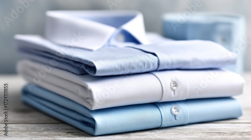 Stacked light blue and white dress shirts on a light wood surface