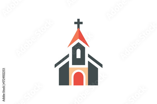 Simple church structure has cross on top with minimalist design aesthetic for religion