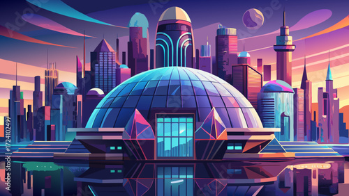 very beautiful futuristic cityscape featuring giant dome structure surrounded by water, illuminated at dusk. skyline showcases modern skyscrapers reflecting in water