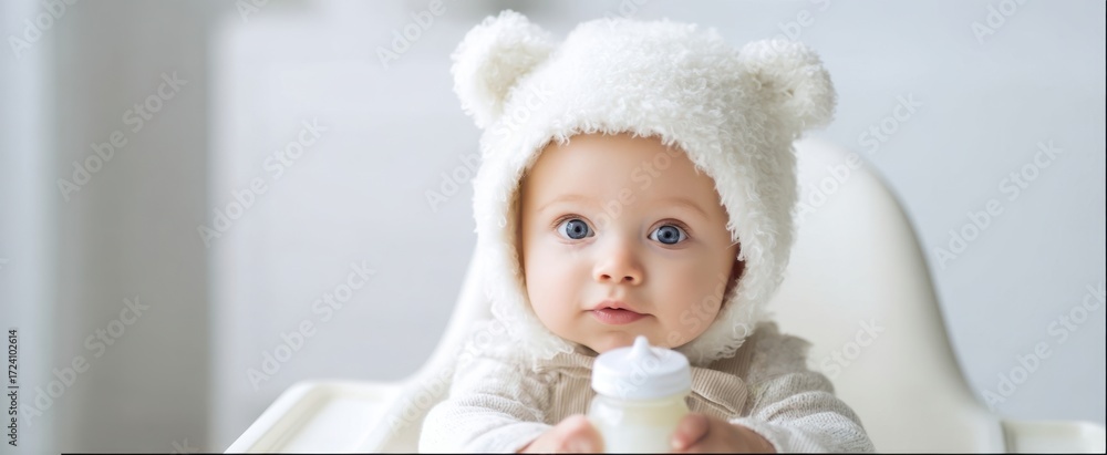 Fototapeta premium The baby in a fluffy bear hat holding a bottle while sitting in highchair