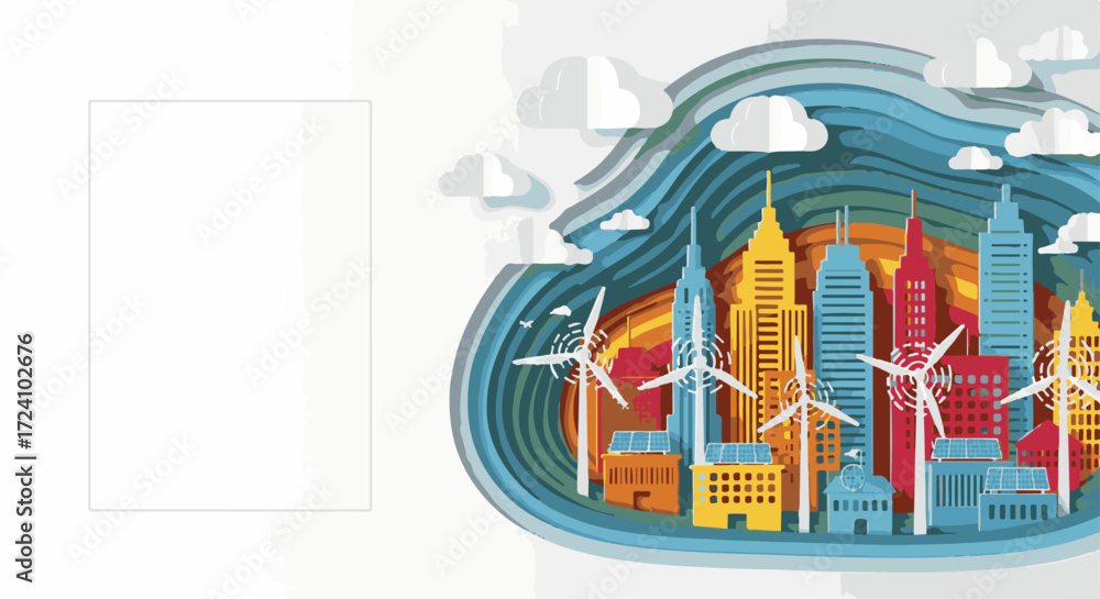 Fototapeta premium Colorful city skyline with wind turbines and clouds, showcasing energy-efficient architecture. Vibrant cityscape emphasizes renewable energy elements and eco-friendly design for Energy Saving Day.