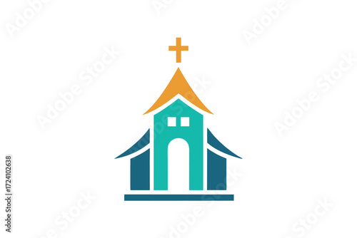 Teal building having an orange peaked roof and a cross at its apex