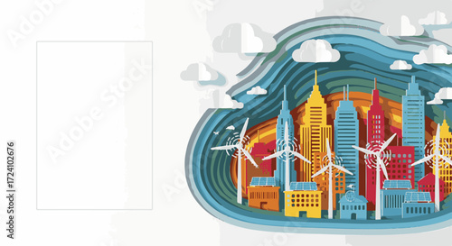 Colorful city skyline with wind turbines and clouds, showcasing energy-efficient architecture. Vibrant cityscape emphasizes renewable energy elements and eco-friendly design for Energy Saving Day.