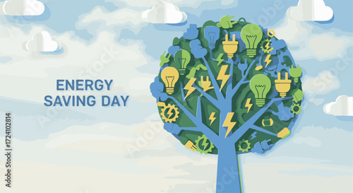 Colorful tree illustration representing energy saving day with light bulbs, electrical symbols, and eco-friendly elements,