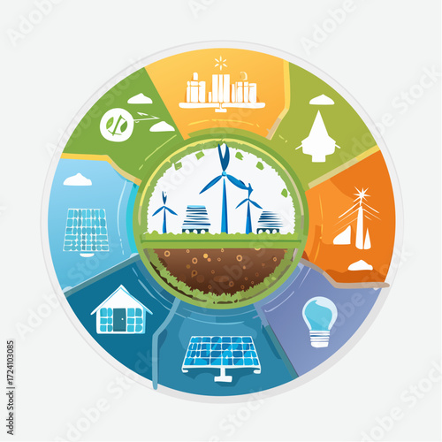 Modern vector infographic showcasing renewable energy sources like solar, wind, and hydro power in a circular design, emphasizing sustainability and clean energy for a greener world