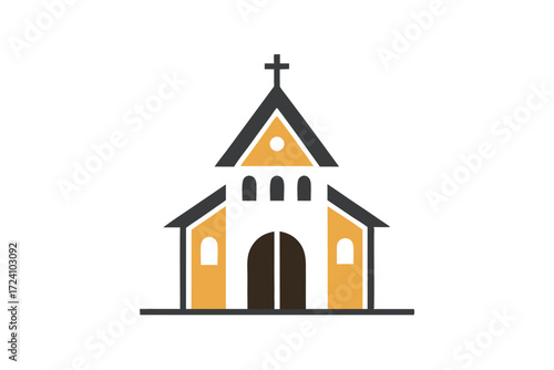 Simple church structure displays minimal lines with cross atop its roof on a white scene