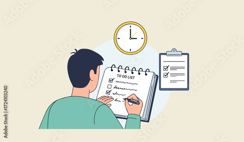 A person writing on a to-do list, with a clock and clipboard nearby, illustrating task management.