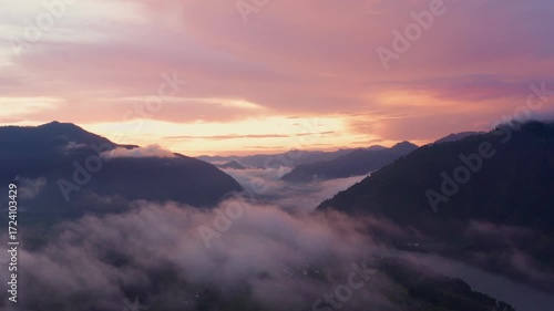 Aerial view of sunset in the mountains