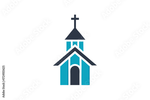 Minimalist church features a cross on the steeple with a blue and dark gray scheme