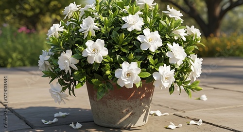 Potted Gardenia Bush with Elegant White Flowers on Sunlit Patio