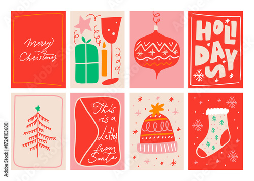Merry Christmas and Happy New Year Set of greeting card, poster, holiday cover. Doodle Xmas design in simple geometric style in green, red, pink colors for ads, print season greetings. Vector set