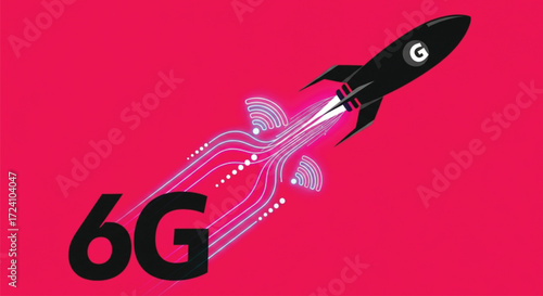 A vibrant graphic depicting 6G technology as a black rocket launching against a bold fuchsia background. EPS Vector 