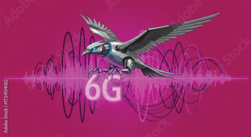 Futuristic 6G Network Technology, a Robot Bird Soars through the Waves of the Future and taking flight against a vibrant fuchsia background. EPS Vector 