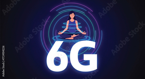 A woman in meditation, representing the future of 6G technology. EPS Vector 