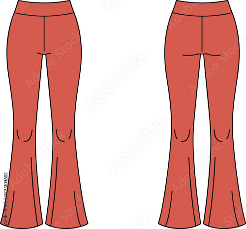 Women’s flared pants CAD flat sketch with high waist, fitted hip, wide bell bottom silhouette, fashion technical drawing, clothing design template, front and back view