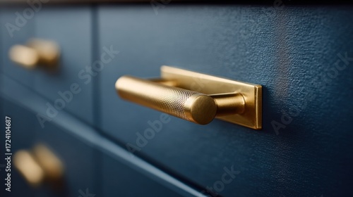 Close-up of gold drawer pulls on dark blue cabinetry