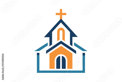 Simple church building with cross atop the roof in blue and orange is visible