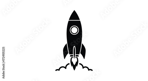 Simple black rocket ship with flames launching upwards a bold silhouette