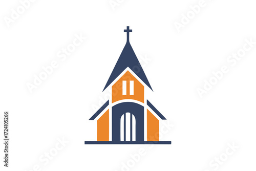 Simple church illustration has a steeple and blue and orange color combination
