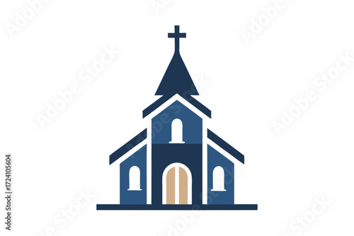 Navy blue church structure features a simple cross atop its steeple on white background