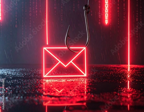 Cybersecurity risk illustration, red hologram envelope pierced by fishing hook - phishing concept