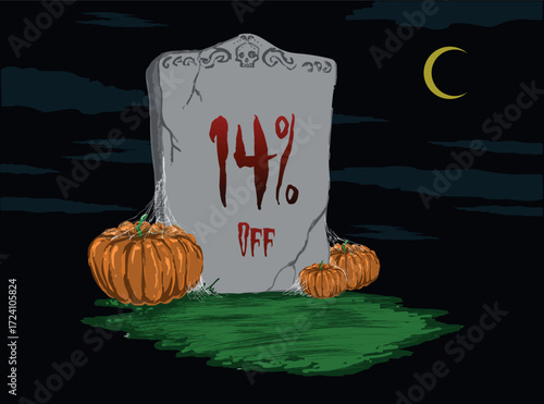 14% off Tombstone sticker with pumpkins at night with a half moon in the sky - Halloween