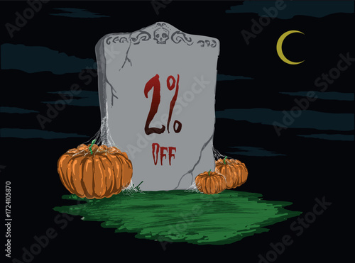 2% off Tombstone sticker with pumpkins at night with a half moon in the sky - Halloween