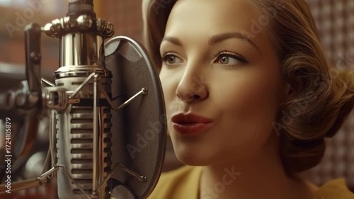 A charming radio host smiles while speaking into a vintage microphone in a 1940s studio. The warm atmosphere captures the excitement of live broadcasting in that era.