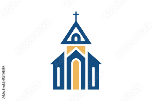 Simple building structure represents a church with cross on top in blue and yellow