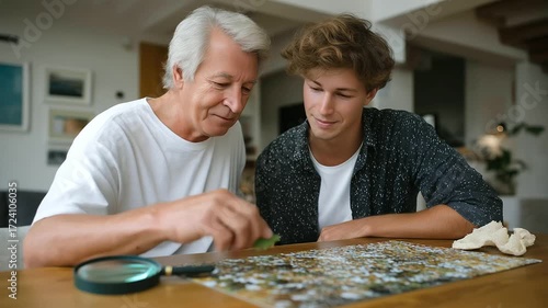 Adult son helping senior father with puzzle in apartment scarred wooden table. Worn puzzle pieces scattered scratched magnifying glass nearby. Curled napkin with crumbs radiator