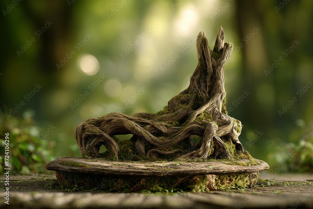 Fototapeta premium Natural art display of an intricate bonsai tree standing on a wooden base in a serene forest setting during daytime