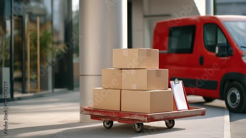 Delivery driver unloading medical supplies from rusted van sturdy boxes on squeaky dolly. Clipboard with curled manifest on crate. Hospital doors reflecting street. Photo with box