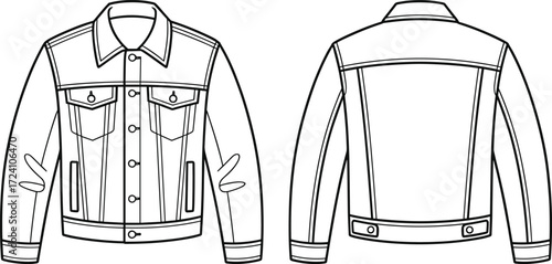 Men’s denim jacket CAD flat sketch with button front, chest flap pockets, welt pockets, waistband tabs, fashion apparel technical drawing front and back view vector