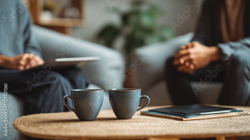 Two people in a relaxed conversation,  cupped mugs on a table