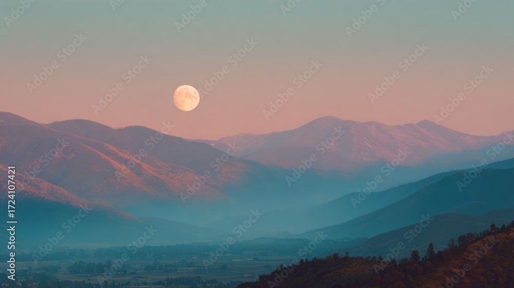 Fototapeta premium Misty mountains at dawn with full moon