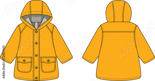 Kids hooded raincoat CAD flat sketch with button placket, patch pockets, seam details, children’s outerwear front and back view, fashion apparel technical drawing vector