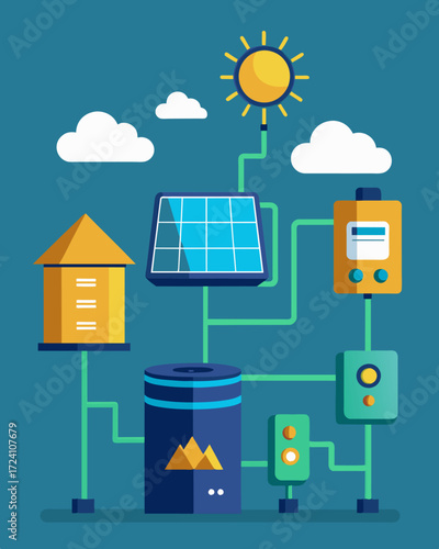 A smart connected battery system that stores excess solar energy for later use.. Vector illustration